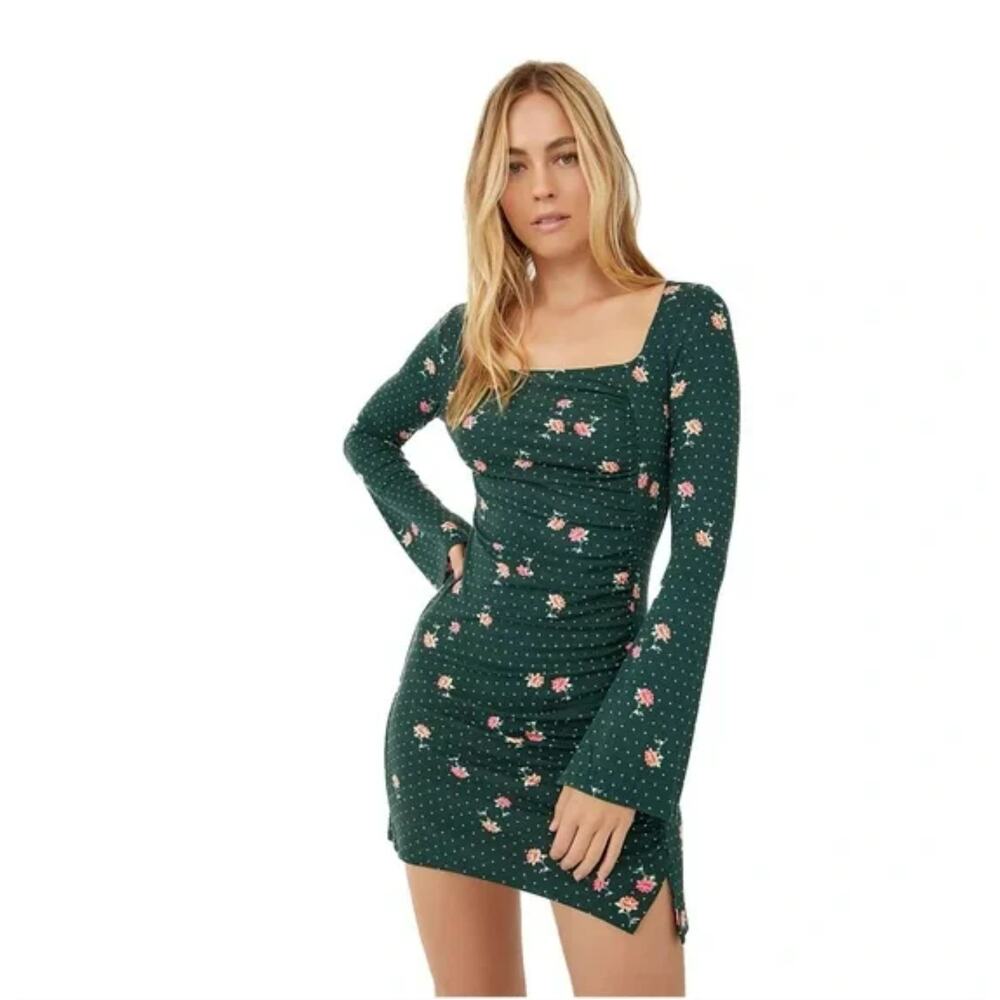 New Free People Celia Mini Dress Green Floral Long Sleeves Ruched Women Size XS